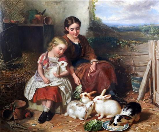 Henry Garland (1834-1913) Mother and child feeding rabbits 24.5 x 29.5in.